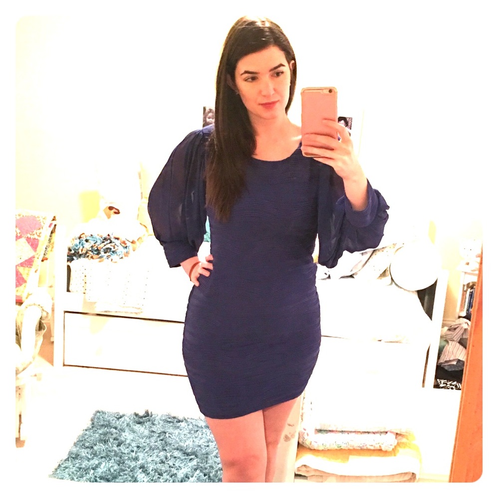 Blue Fitted Textured Dress with Flowing Sleeves